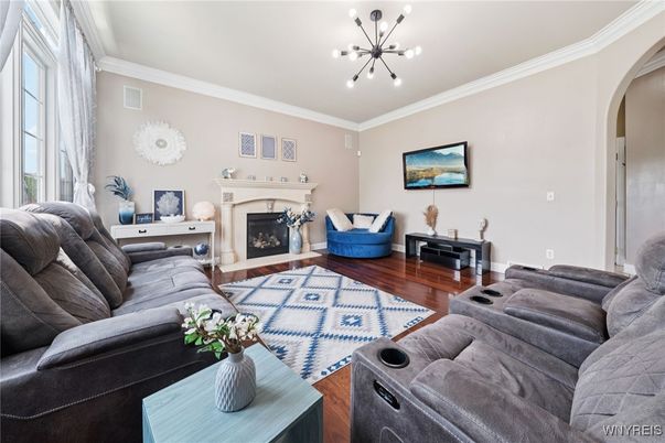 Fireplace, Interior, Living room, Pendant Lights, Wood Texture Flooring