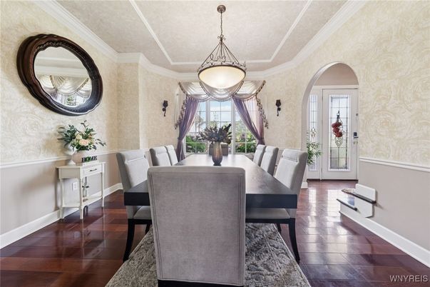 Dining room, Interior, Pendant Lights, Wood Texture Flooring