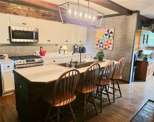 Interior, Kitchen, Pendant Lights, Stainless Steel Appliances, Wooden Beams, Wood Texture Flooring