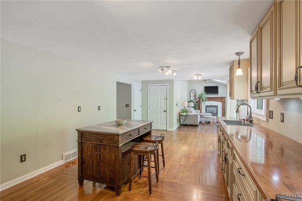 Fireplace, Interior, Kitchen, Living room, Pendant Lights, Wood Texture Flooring