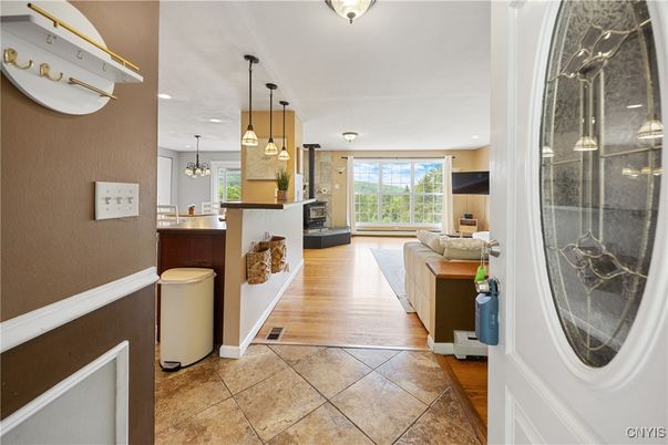 Fireplace, Interior, Kitchen, Pendant Lights, Recessed Lighting, Wood Texture Flooring