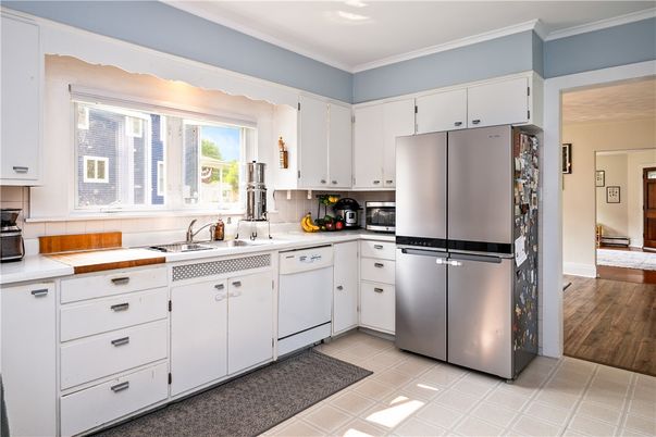 Interior, Kitchen, Tile Countertops, Wood Texture Flooring