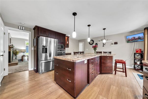 Interior, Kitchen, Pendant Lights, Stainless Steel Appliances, Wood Texture Flooring