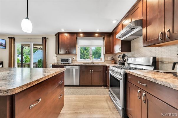 Interior, Kitchen, Pendant Lights, Recessed Lighting, Stainless Steel Appliances, Wood Texture Flooring