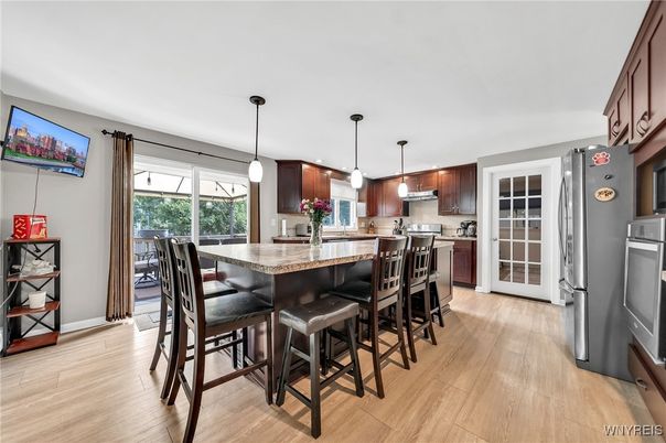 Interior, Kitchen, Pendant Lights, Stainless Steel Appliances, Wood Texture Flooring