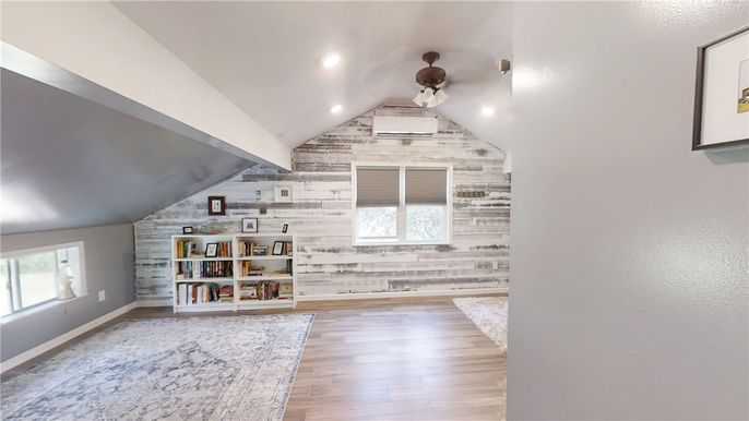 Empty room, Interior, Recessed Lighting, Stone Walls, Wood Texture Flooring