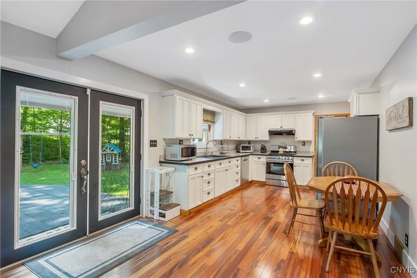 Interior, Kitchen, Recessed Lighting, Stainless Steel Appliances, Wood Texture Flooring