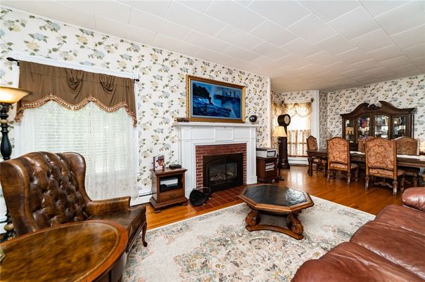 Dining room, Fireplace, Interior, Living room, Wood Texture Flooring