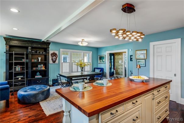 Dining room, Interior, Pendant Lights, Recessed Lighting, Wood Texture Flooring