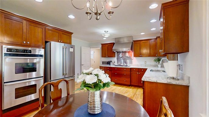 Chandelier, Interior, Kitchen, Recessed Lighting, Stainless Steel Appliances, Wood Texture Flooring