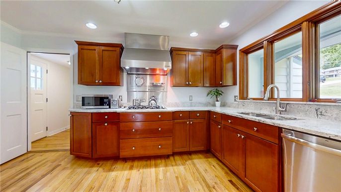 Interior, Kitchen, Recessed Lighting, Stainless Steel Appliances, Wood Texture Flooring