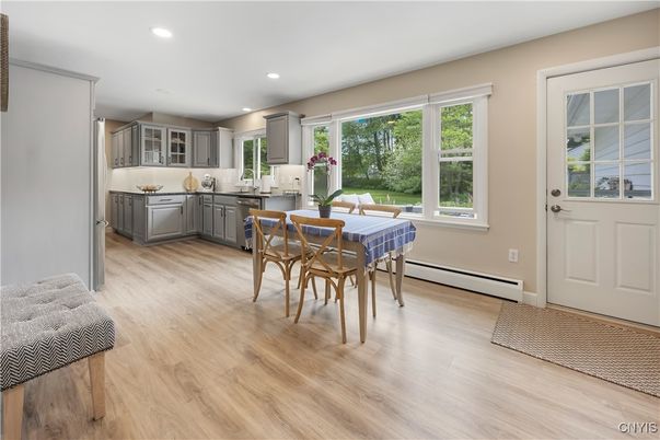 Dining room, Interior, Kitchen, Recessed Lighting, Wood Texture Flooring