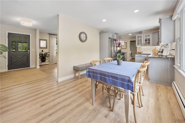 Dining room, Interior, Kitchen, Recessed Lighting, Wood Texture Flooring
