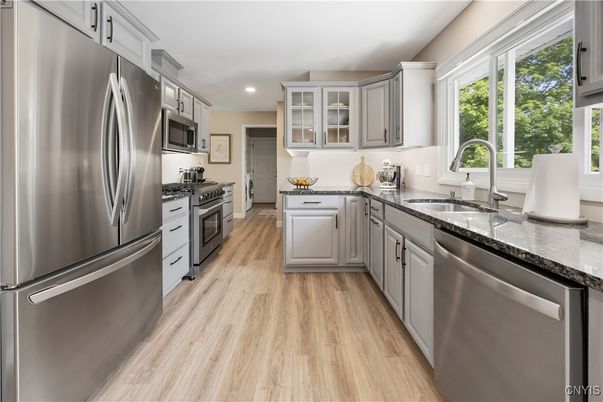 Interior, Kitchen, Recessed Lighting, Stainless Steel Appliances, Wood Texture Flooring