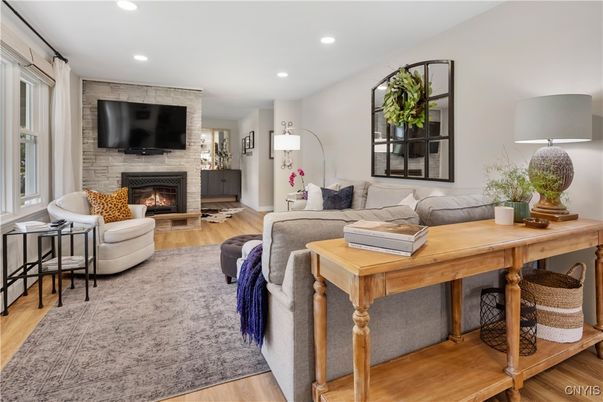 Fireplace, Home Office, Interior, Living room, Recessed Lighting, Wood Texture Flooring