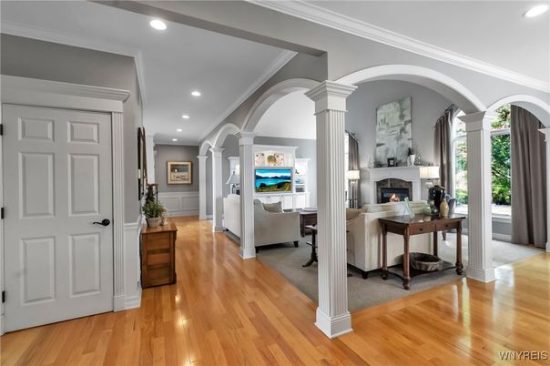 Fireplace, Interior, Living room, Recessed Lighting, Wood Texture Flooring