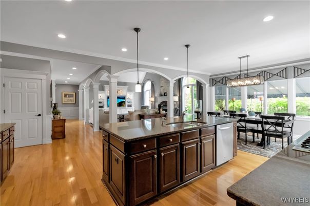 Chandelier, Dining room, Interior, Kitchen, Pendant Lights, Recessed Lighting, Wood Texture Flooring