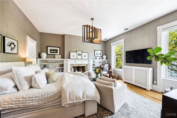 Bedroom, Fireplace, Interior, Pendant Lights, Wood Texture Flooring