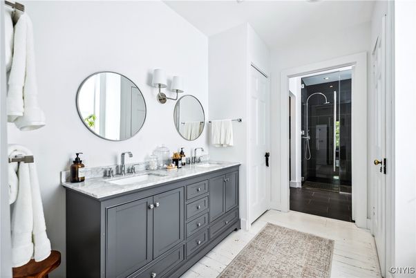 Bathroom, Dual Sink Vanities, Glass Shower, Interior, Wood Texture Flooring