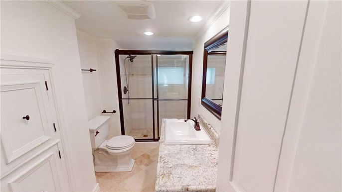 Bathroom, Glass Shower, Interior, Recessed Lighting