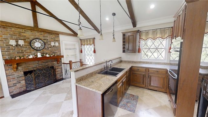 Fireplace, Interior, Kitchen, Pendant Lights, Recessed Lighting, Stone Walls, Wooden Beams
