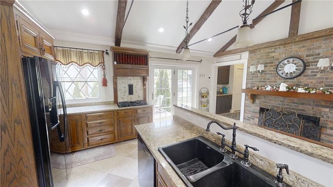 Fireplace, Interior, Recessed Lighting, Stone Walls, Wooden Beams