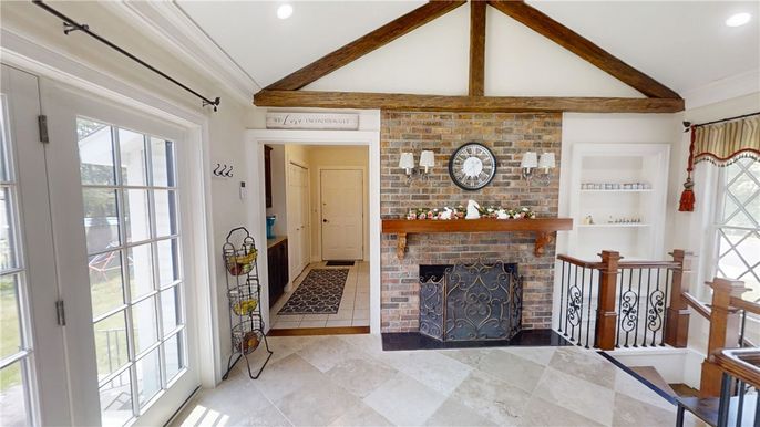 Fireplace, Interior, Recessed Lighting, Stone Walls, Wooden Beams