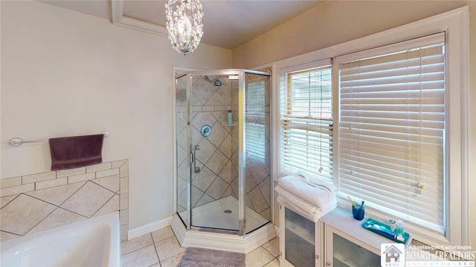 Bathroom, Chandelier, Glass Shower, Interior