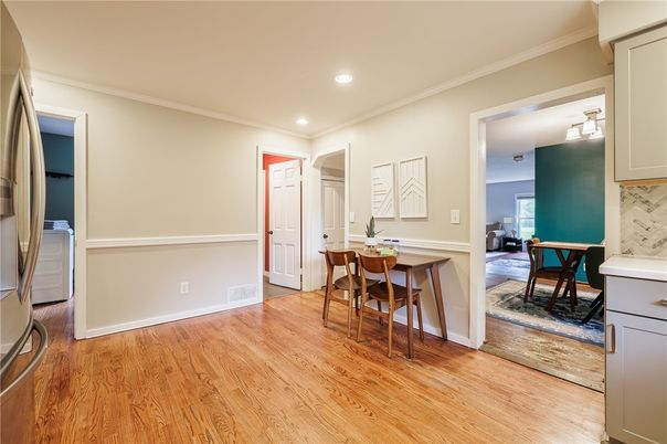 Dining room, Interior, Recessed Lighting, Wood Texture Flooring