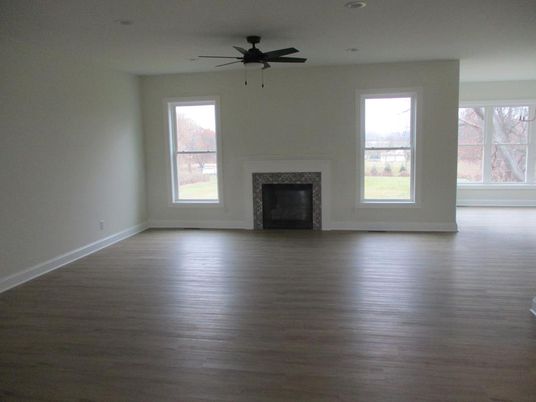 Empty room, Fireplace, Interior, Recessed Lighting, Wood Texture Flooring