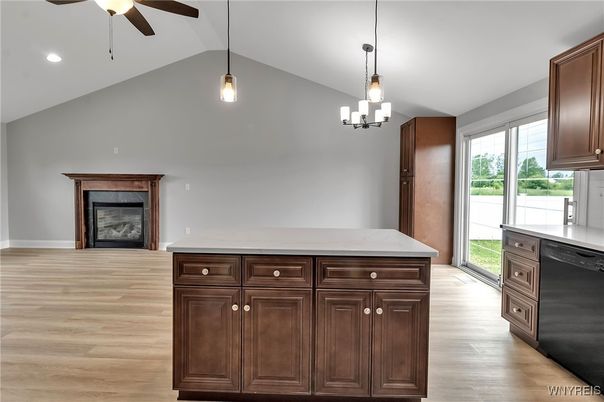 Fireplace, Interior, Pendant Lights, Recessed Lighting, Wood Texture Flooring