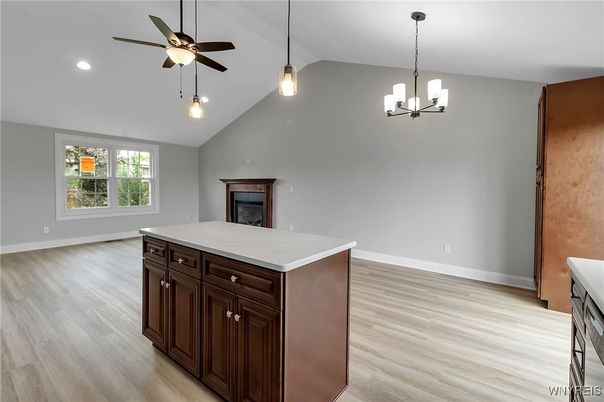 Empty room, Interior, Pendant Lights, Recessed Lighting, Wood Texture Flooring
