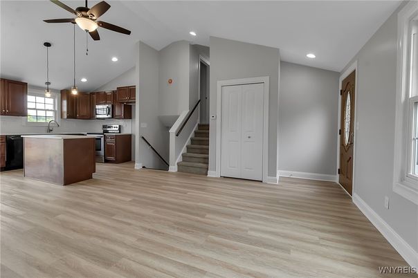 Interior, Kitchen, Pendant Lights, Recessed Lighting, Wood Texture Flooring