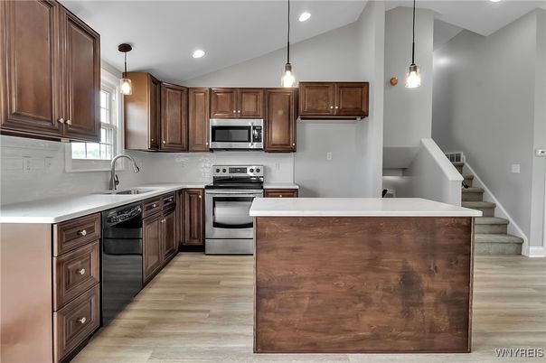 Interior, Kitchen, Pendant Lights, Recessed Lighting, Stainless Steel Appliances, Wood Texture Flooring