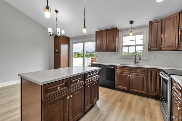 Interior, Kitchen, Pendant Lights, Wood Texture Flooring