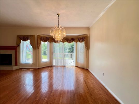 Chandelier, Empty room, Fireplace, Interior, Wood Texture Flooring
