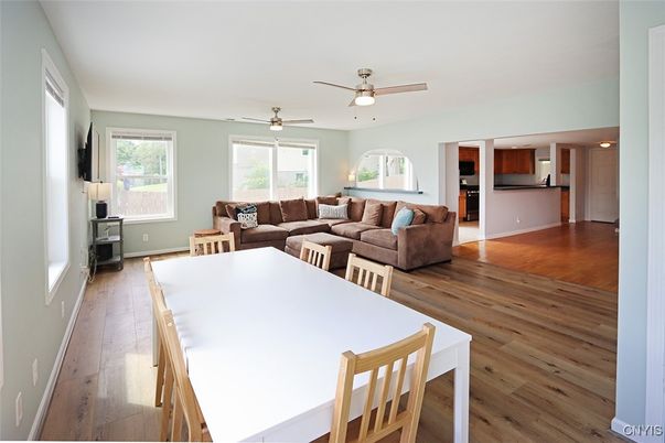 Dining room, Interior, Kitchen, Living room, Stainless Steel Appliances, Wood Texture Flooring
