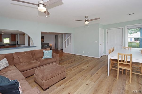 Dining room, Interior, Living room, Recessed Lighting, Wood Texture Flooring