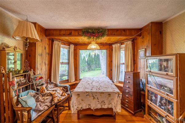 Bedroom, Interior, Pendant Lights, Wood Texture Flooring, Wooden Walls