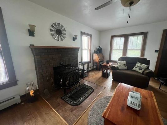 Fireplace, Interior, Living room, Stone Walls, Wood Texture Flooring