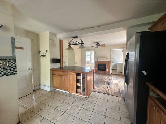 Fireplace, Interior, Kitchen, Pendant Lights, Wood Texture Flooring