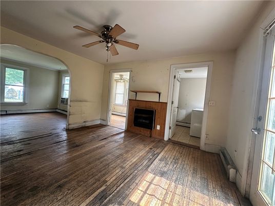 Bathroom, Empty room, Fireplace, Interior, Wood Texture Flooring