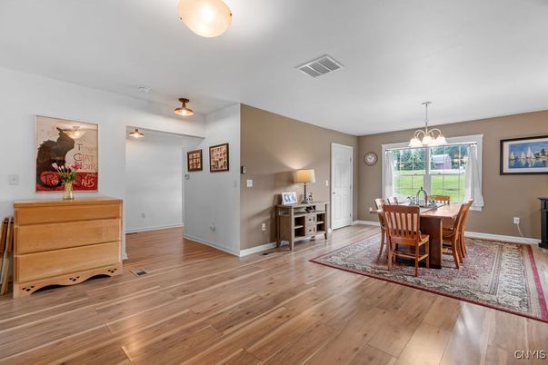 Dining room, Interior, Pendant Lights, Wood Texture Flooring