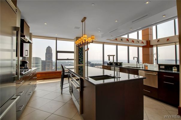 Chandelier, Interior, Kitchen, Recessed Lighting, Stainless Steel Appliances, Water