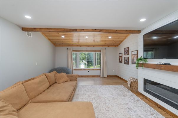 Fireplace, Interior, Living room, Recessed Lighting, Wooden Ceilings, Wood Texture Flooring