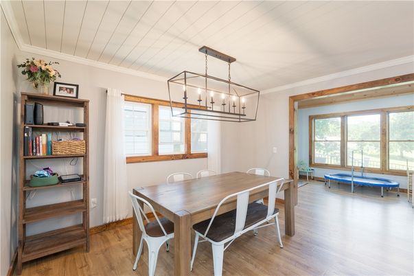 Dining room, Interior, Pendant Lights, Wood Texture Flooring