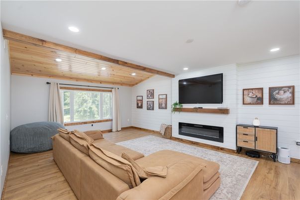 Fireplace, Interior, Living room, Recessed Lighting, Wooden Beams, Wooden Ceilings, Wood Texture Flooring