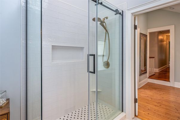 Bathroom, Glass Shower, Interior, Wood Texture Flooring