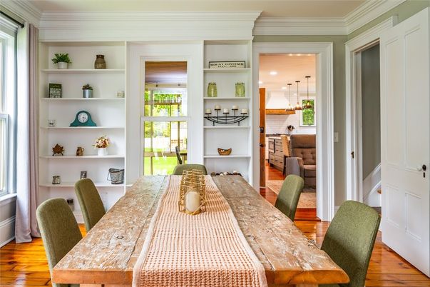Dining room, Interior, Pendant Lights, Recessed Lighting, Wood Texture Flooring