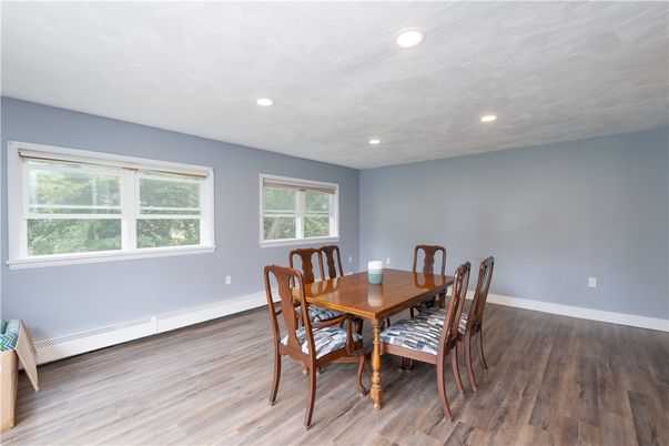Dining room, Interior, Recessed Lighting, Wood Texture Flooring